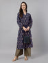 Navy Blue Pure Cotton Floral Printed A-line Kurta